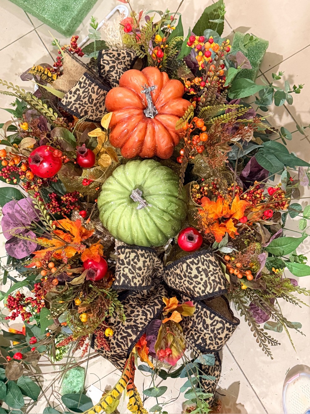 Door wreath Autumn Pumpkin & Berry Wreath with Leopard Ribbon - Green and Orange